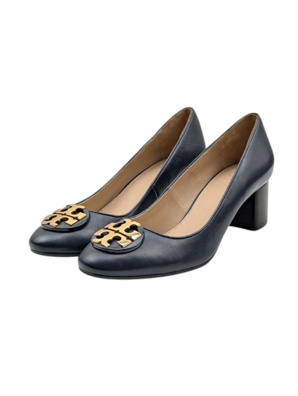 Tory Burch Janey Navy Leather Logo Block Heel Pumps Size 7 EUC $325 S4191